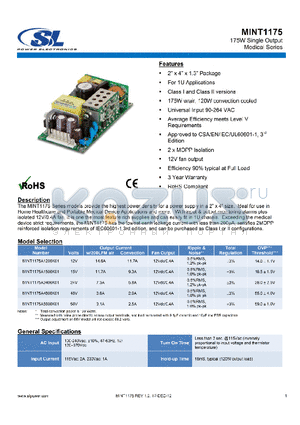 MINT1175 datasheet - 175W Single Output Medical Series