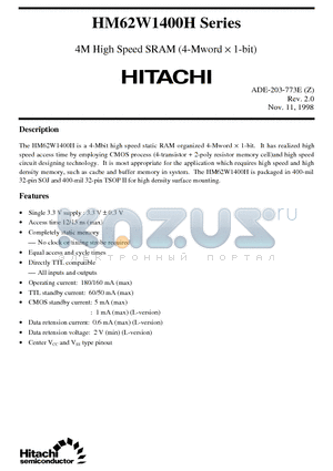 HM62W1400H datasheet - 4M High Speed SRAM (4-Mword x1-bit)