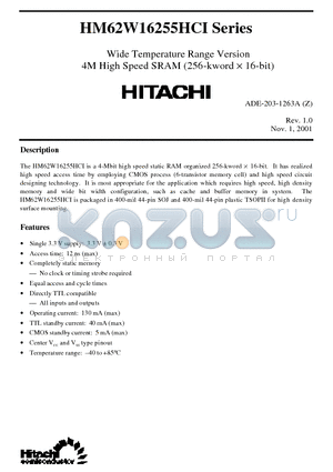 HM62W16255HCJPI-12 datasheet - Wide Temperature Range Version 4M High Speed SRAM (256-kword d 16-bit)