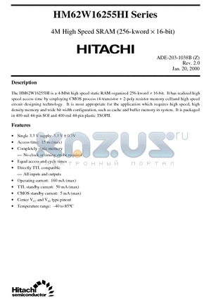 HM62W16255HI datasheet - 4M High Speed SRAM (256-kword x 16-bit)