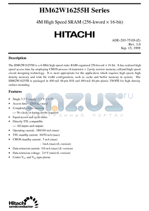 HM62W16255HLJP-15 datasheet - 4M High Speed SRAM (256-kword x 16-bit)