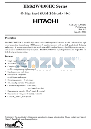 HM62W4100HCLJP-10 datasheet - 4M High Speed SRAM (1-Mword x 4-bit)