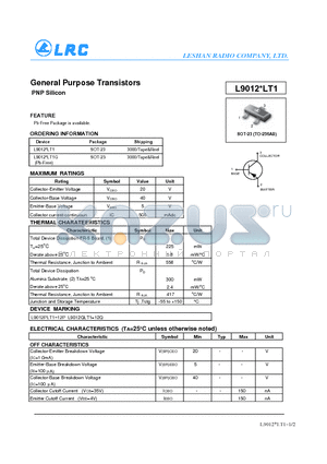 L9012PLT1 datasheet - General Purpose Transistors PNP Silicon