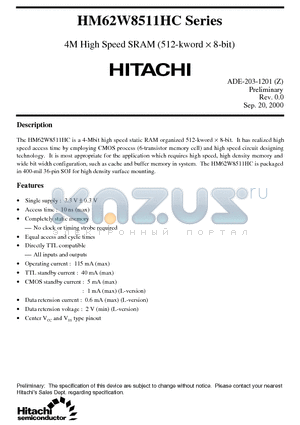 HM62W8511HC datasheet - 4M High Speed SRAM (512-kword x 8-bit)