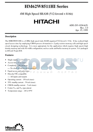 HM62W8511HI datasheet - 4M High Speed SRAM (512-kword x 8-bit)