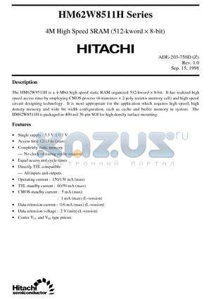 HM62W8511HLJP-12 datasheet - 4M High Speed SRAM (512-kword x 8-bit)