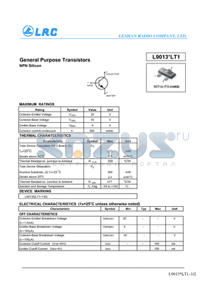 L9013QLT1 datasheet - General Purpose Transistors NPN Silicon