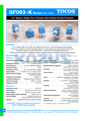 GF063SKUKB100M datasheet - 1/4 Square, Single-Turn, Through-Hole Sealed Cermet Trimmers