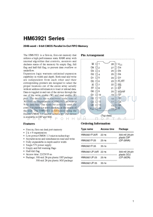 HM63921JP-20R datasheet - 2048-word x 9-bit CMOS Parallel In-Out FIFO Memory