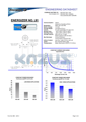 L91 datasheet - 1.5 Volts 14.5 grams (0.5 oz.) 8.0 cubic centimeters (0.5 cubic inch)
