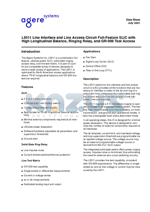 L9311 datasheet - Line Interface and Line Access Circuit Full-Feature SLIC with High Longitudinal Balance, Ringing Relay,and GR-909 Test Access