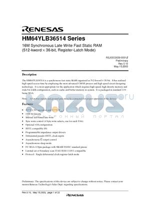 HM64YLB36514BP-6H datasheet - 16M Synchronous Late Write Fast Static RAM (512-kword  36-bit, Register-Latch Mode)