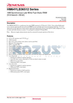 HM64YLB36512 datasheet - 16M Synchronous Late Write Fast Static RAM (512-kword  36-bit)