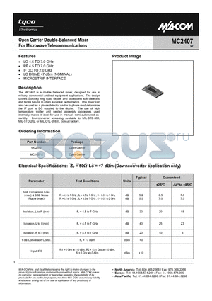 MC2407-2 datasheet - Open Carrier Double-Balanced Mixer For Microwave Telecommunications