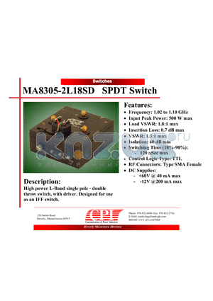 MA8305-2L18SD datasheet - High power L-Band single pole - double throw switch, with driver. Designed for use as an IFF switch