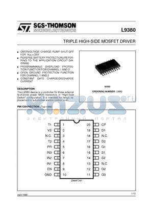 L9380 datasheet - TRIPLE HIGH-SIDE MOSFET DRIVER