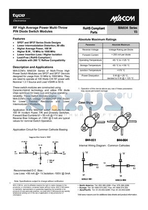 MA8334 datasheet - RF High Average Power Multi-Throw PIN Diode Switch Modules