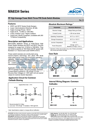 MA8334 datasheet - RF High Average Power Multi-Throw PIN Diode Switch Modules