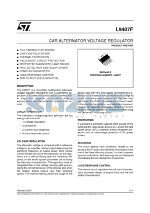 L9407F datasheet - CAR ALTERNATOR VOLTAGE REGULATOR