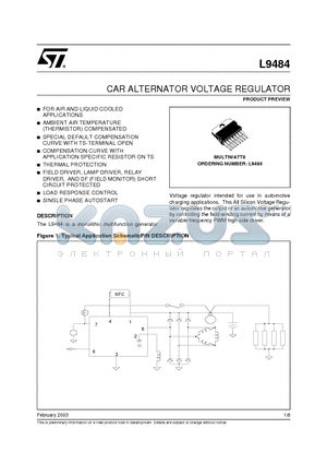 L9484 datasheet - CAR ALTERNATOR VOLTAGE REGULATOR