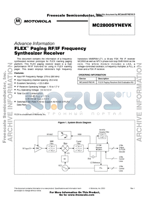 MC2800SYNEVK datasheet - FLEX Paging RF/IF Frequency Synthesizer Receiver