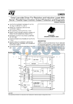 L9825 datasheet - Octal Low-side Driver For Resistive and Inductive Loads With Serial / Parallel Input Control, Output Protection and Diagnostic