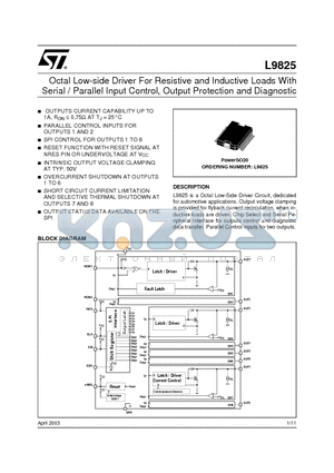 L9825 datasheet - Octal Low-side Driver For Resistive and Inductive Loads With Serial / Parallel Input Control, Output Protection and Diagnostic