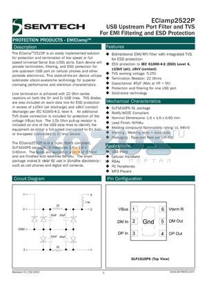 ECLAMP2522P.TCT datasheet - USB Upstream Port Filter and TVS For EMI Filtering and ESD Protection
