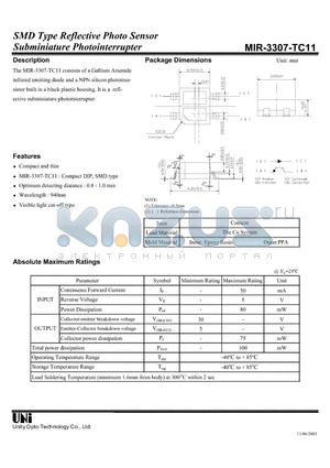 MIR-3307-TC11 datasheet - SMD Type Reflective Photo Sensor Subminiature Photointerrupter