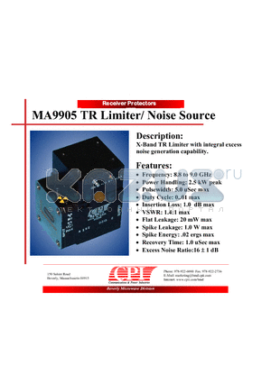 MA9905 datasheet - X-Band TR Limiter with integral excess noise generation capability