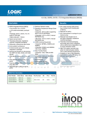 L9D345G72BG5 datasheet - 4.5 Gb, DDR3, 64 M x 72 Integrated Module (IMOD)