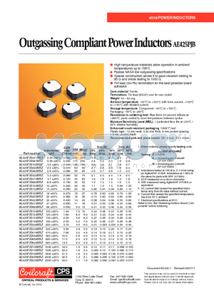 AE425PJB datasheet - Outgassing Compliant Power Inductors