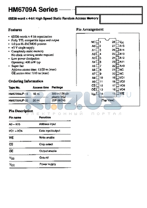 HM6709AJP-15 datasheet - 65536-WORD 4 BIT HIGH SPEED STATIC RANDOM ACCESS MEMORY