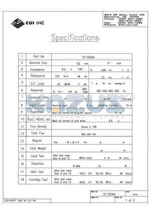 GF1004M datasheet - 102mm, square frame, 6.0W, mylar cone Speaker