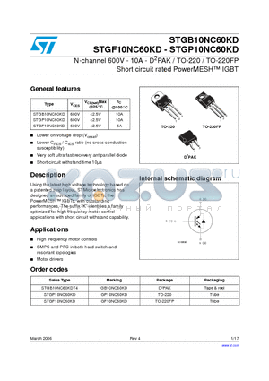 GF10NC60KD datasheet - N-channel 600V - 10A - D2PAK / TO-220 / TO-220FP Short circuit rated PowerMESH IGBT