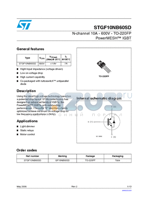 GF10NB60SD datasheet - N-channel 10A - 600V - TO-220FP PowerMESH TM IGBT