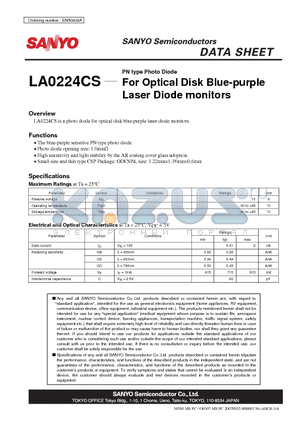 LA0224CS datasheet - PN type Photo Diode For Optical Disk Blue-purple Laser Diode monitors
