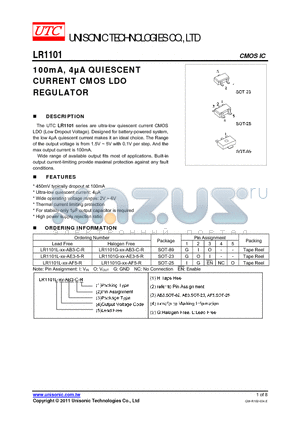 LR1101L-XX-AB3-C-R datasheet - 100mA, 4lA QUIESCENT CURRENT CMOS LDO REGULATOR