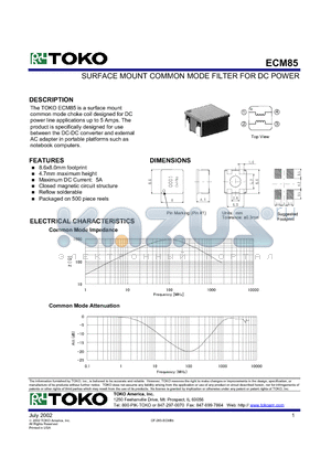 ECM85 datasheet - SURFACE MOUNT COMMON MODE FILTER FOR DC POWER