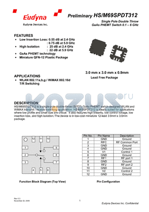 HM69SPDT312 datasheet - Single Pole Double Throw GaAs PHEMT Switch 0.1 - 6 GHz