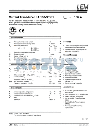 LA100-S datasheet - Current Transducer LA 100-S/SP1