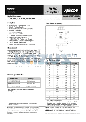 MAAD-007077-000100 datasheet - Digital Attenuator 15 dB, 4-Bit, TTL Driver, DC-4.0 GHz