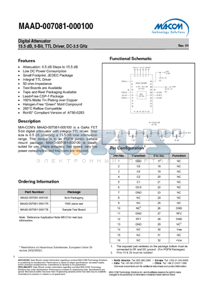 MAAD-007081-000100 datasheet - Digital Attenuator 15.5 dB, 5-Bit, TTL Driver, DC-3.5 GHz