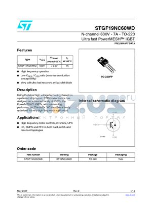 GF19NC60WD datasheet - N-channel 600V - 7A - TO-220 Ultra fast PowerMESH  IGBT