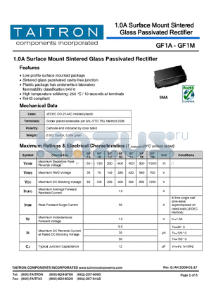 GF1A datasheet - 1.0A Surface Mount Sintered Glass Passivated Rectifier