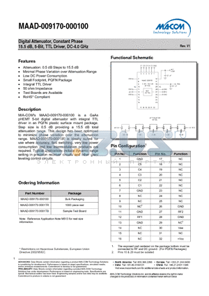 MAAD-009170-0001TR datasheet - Digital Attenuator, Constant Phase 15.5 dB, 5-Bit, TTL Driver, DC-4.0 GHz