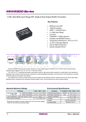 MIW2300 datasheet - 2-3W, Ultra-Wide Input Range DIP, Single & Dual Output DC/DC Converters