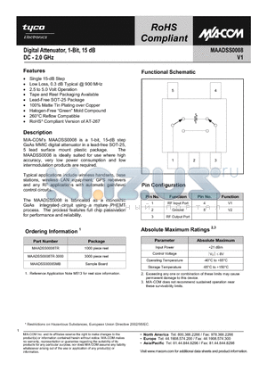 MAADSS0008SMB datasheet - Digital Attenuator 15 dB, 1-Bit, TTL Driver, DC-2.0 GHz