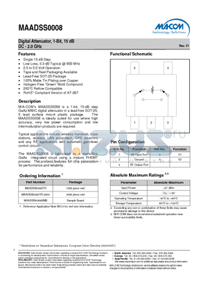 MAADSS0008SMB datasheet - Digital Attenuator, 1-Bit, 15 dB DC - 2.0 GHz