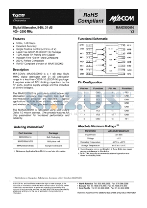 MAADSS0010 datasheet - Digital Attenuator, 5-Bit, 31 dB (400 - 2500 MHz)